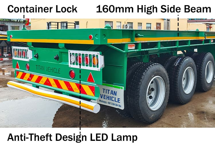 Flat Deck Trailer Price: 9500USD The flat deck trailer for sale is designed to accommodate both 20-foot and 40-foot containers, making ideal for efficient transport between ports and inland locations. The tri axle flat deck trailer for sale are engineered with structural balance in mind. When loaded, the weight is evenly distributed across the frame, minimizing concentrated stress points and reducing the chances of long term structural deformation or fatigue.  Specification of Flat Deck Trailer Dimension: 12500mm*2500mm*1630mm Loading capacity: 60 ton Side Beam: 160mm high Axles: 3 axles, TITAN brand, 13 ton Tire: 11R22.5, 12 units Suspension: mechanical suspension Leaf Spring:10 layers Bumper: 4mm thickened bumper Landing Gear: 28 ton, JOST brand Lamp: LED lamp with anti-theft net  Shipping of Flat Deck Trailer for Sale Before these 40 foot flat deck trailers are delivered, each unit undergoes thorough waterproof treatment to ensure durability during sea shipping. A protective wax layer is first applied to the surface of the flat deck trailer body which is followed by a complete waterproof cover, which offers dual-layer defense against seawater corrosion and humid salt air, conditions frequently encountered during maritime transport. Depending on buyer preferences, the tri axle flat deck trailer for sale can be transported via container shipment or roll-on/roll-off (RoRo) vessels.  Advantage of Flat Deck Trailer At the heart of the flat deck trailer for sale strength is the main beam, which is made of Q355 low-carbon, high-strength alloy steel. The material boosts the 40 foot flat deck trailer capacity to endure heavy duty loading. The key joints and frame components are welded using automatic submerged arc welding, a process that ensures deep penetration and uniform welds that not only improves structural integrity but also extends the flat deck trailer life span under demanding usage. Additional reinforcement is applied to high-stress zones, such as the gooseneck area. A double-layered steel plate is used in these sections to further increase the load-bearing ability. The structural enhancement is especially valuable when transporting bulky or concentrated cargo, as prevents bending or warping under pressure. Surface finishing is another aspect where attention to detail is evident. The tri axle flat deck trailer for sale is treated with a powder coating followed by a high-temperature baking paint process. Though the method involves higher costs compared to standard painting, it offers better resistance to scratching, sun fading, and peeling. The treatment reduces the need for frequent repainting, thereby lowering long term maintenance costs. The flat deck trailer for sale features an open deck platform, which greatly simplifies the loading and unloading of different cargo types. The flexibility is particularly useful in coastal regions like Senegal, where diverse freight conditions exist.  Since the deck is exposed to frequent contact and wear, TITAN uses a patterned steel plate on the surface to provide both durability and better traction. The deck material, 3mm thick high-strength alloy steel, is selected for its excellent load support and resistance to rust, helping the trailer retain its appearance and functionality in moist or saline environments. Each axle on the 40 foot flat deck trailer is rated to handle 13 tons, providing strong support for high-capacity freight. These axles are built to resist bending and fatigue, and they perform reliably on gravel or uneven roads. The durable construction helps mitigate damage from vibration and prevents failures caused by consistent overloading or repeated impacts. The suspension system also plays a critical role in performance. The 40 foot flat deck trailer uses a mechanical suspension setup with multi-leaf springs and a 70mm central balance pin. Reinforcements on all sides—front, rear, and both flanks—help maintain form and absorb shocks effectively. The robust suspension configuration ensures stability and preserves the structural frame even under the heat and rough terrain commonly found in Senegal. In addition, the lighting system on the tri axle flat deck trailer for sale has been thoughtfully upgraded. It includes a complete set of LED lights, which outperform traditional bulbs in energy use, brightness, and lifespan. These LEDs are resistant to shaking and moisture, ensuring better visibility in Senegal poor weather or during nighttime operations. TITAN also integrates an anti-theft feature into the lighting system, offering an added level of security when the flat deck trailer for sale is parked or in transit.